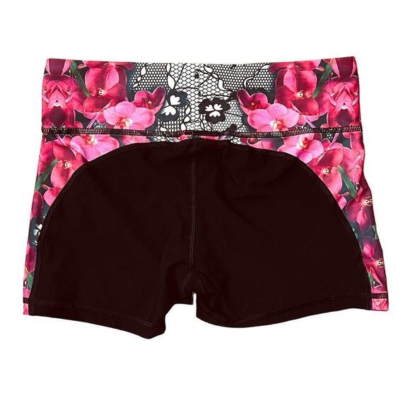 Nux Women's Workout Shorts Medium Black and Pink Rose Print NWT - Picture 2 of 10